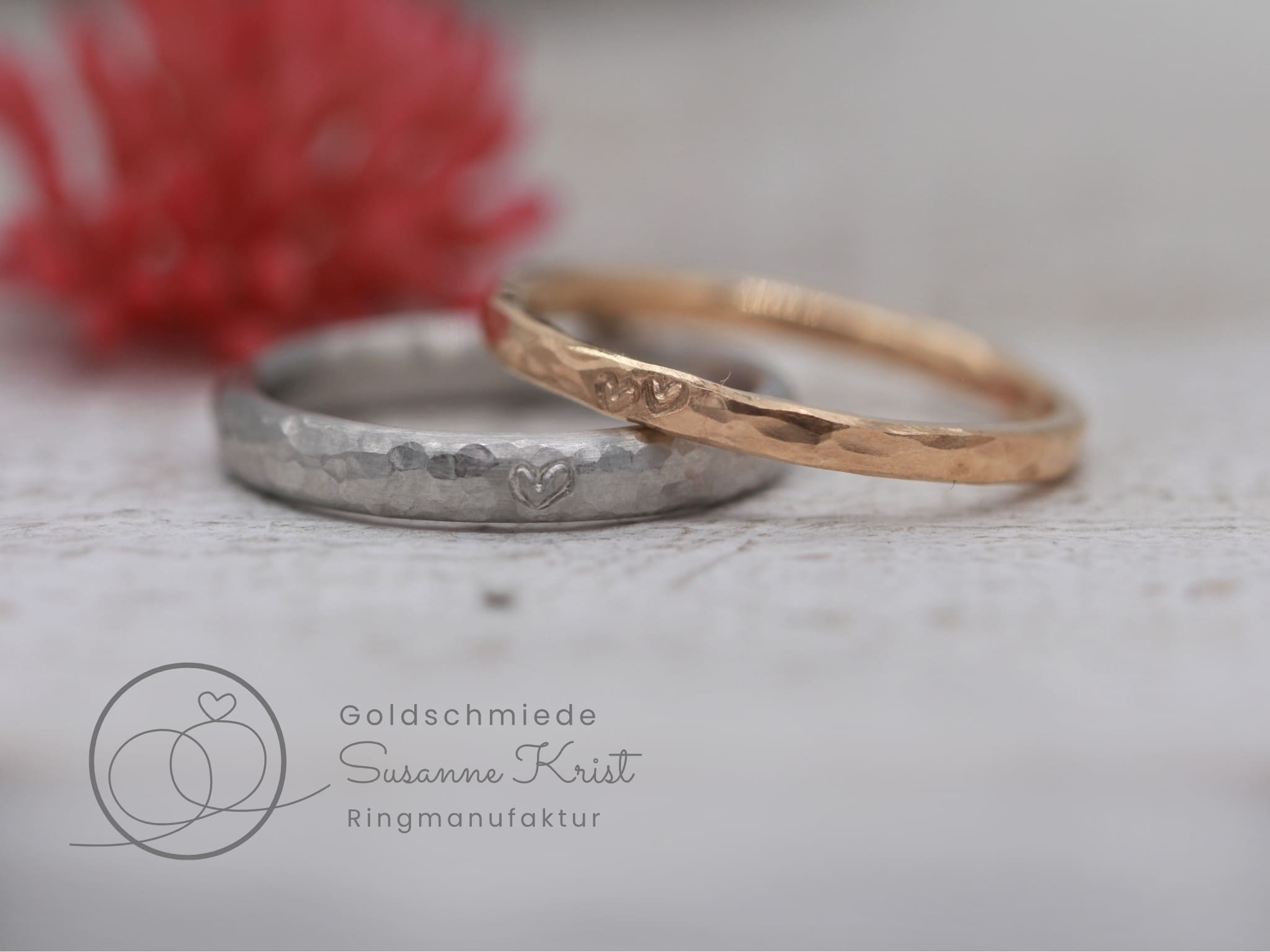 Ringe für zwei Frauen Platin-Rotgoldmix mit Herzchen